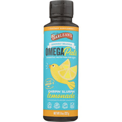 Barlean's Omega Pals kids omega-3 liquid, Chirpin' Slurpin' lemonade flavor bottle front label