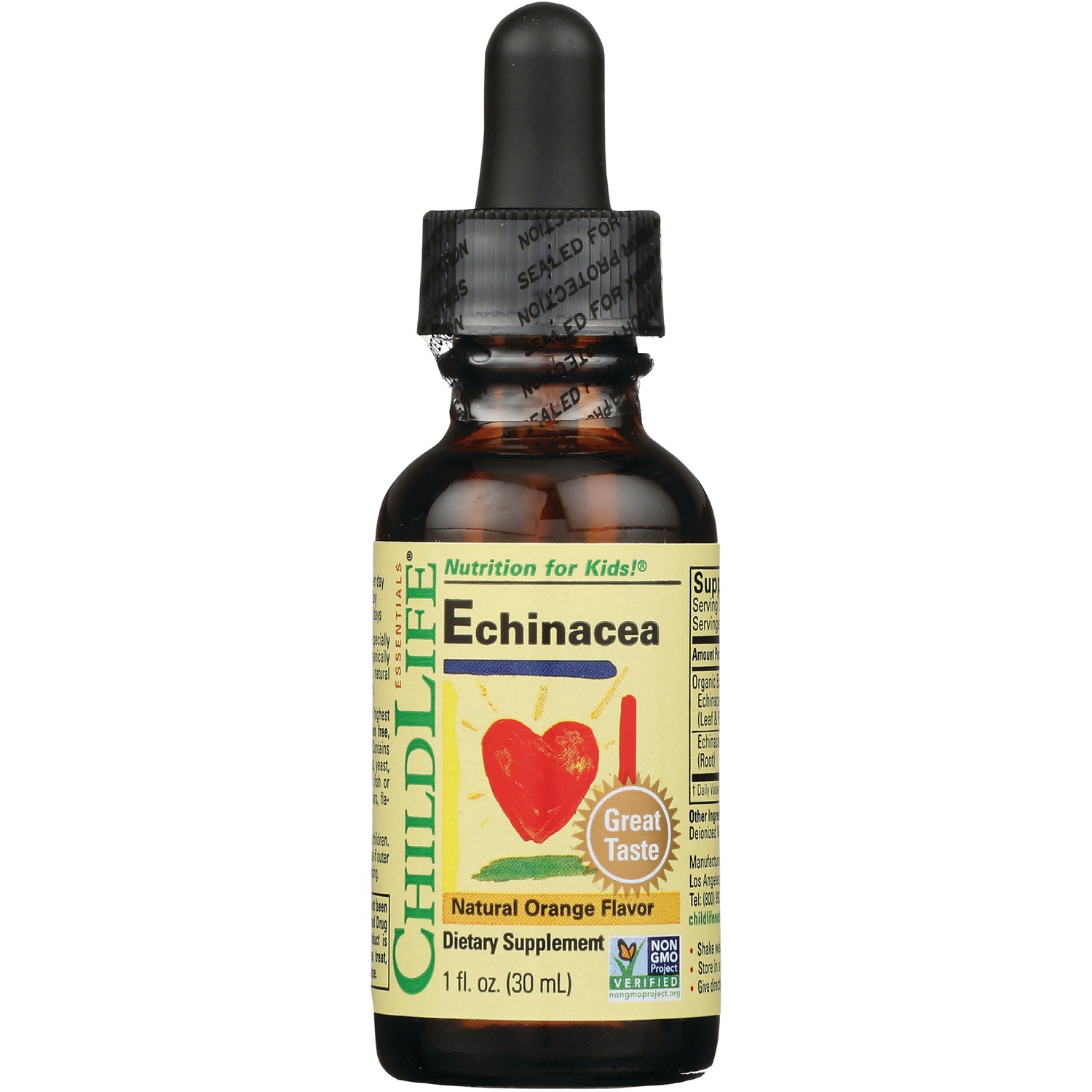 CHL006 | Brown glass dropper bottle labeled CHILDLIFE Echinacea natural orange flavor dietary supplement 1 fl oz