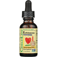 CHL006 | Brown glass dropper bottle labeled CHILDLIFE Echinacea natural orange flavor dietary supplement 1 fl oz