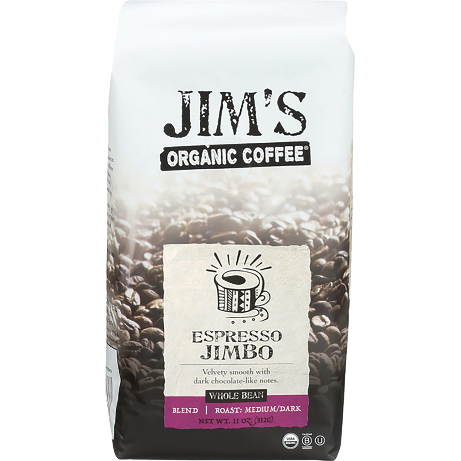JOC015 | Jim's Organic Coffee Espresso Jimbo whole bean bag, 11 oz, medium/dark roast
