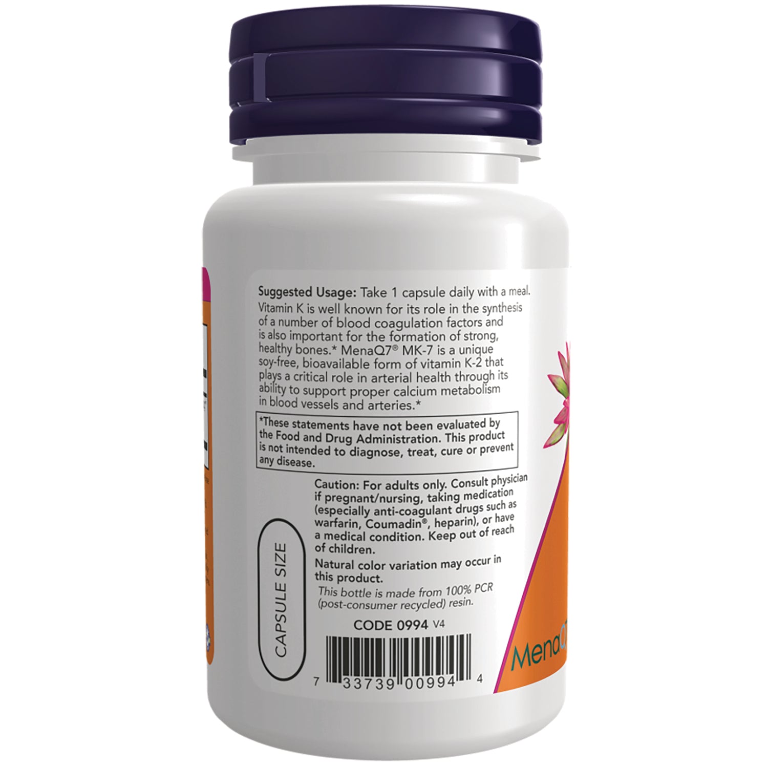 NWF1372 | Back of white supplement bottle showing suggested usage and caution text, barcode, capsule size label, and purple cap