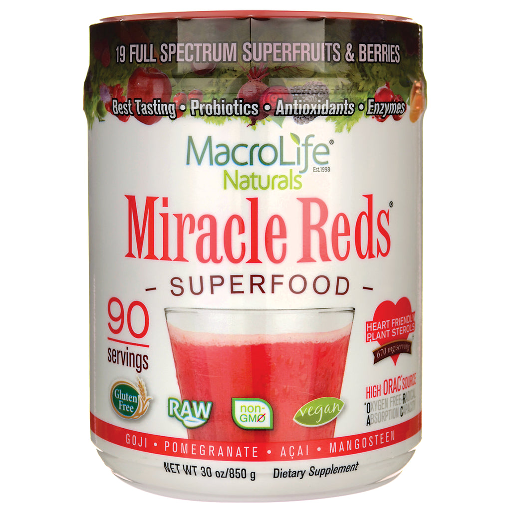 MCL004 | MacroLife Naturals Miracle Reds superfood powder container showing 90 servings and a red drink - Thumbnail