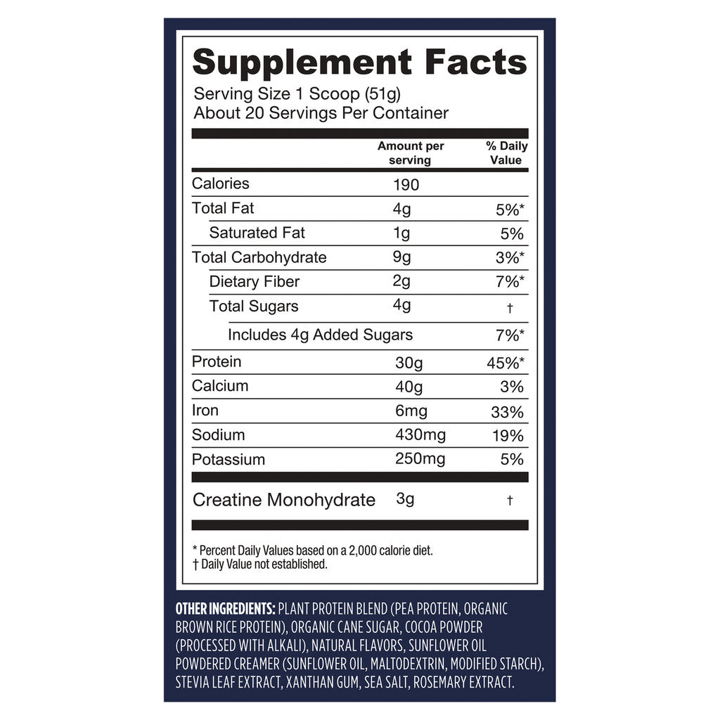 VGA010 | Supplement Facts panel and ingredients list for protein powder, including 30g protein per serving - Thumbnail