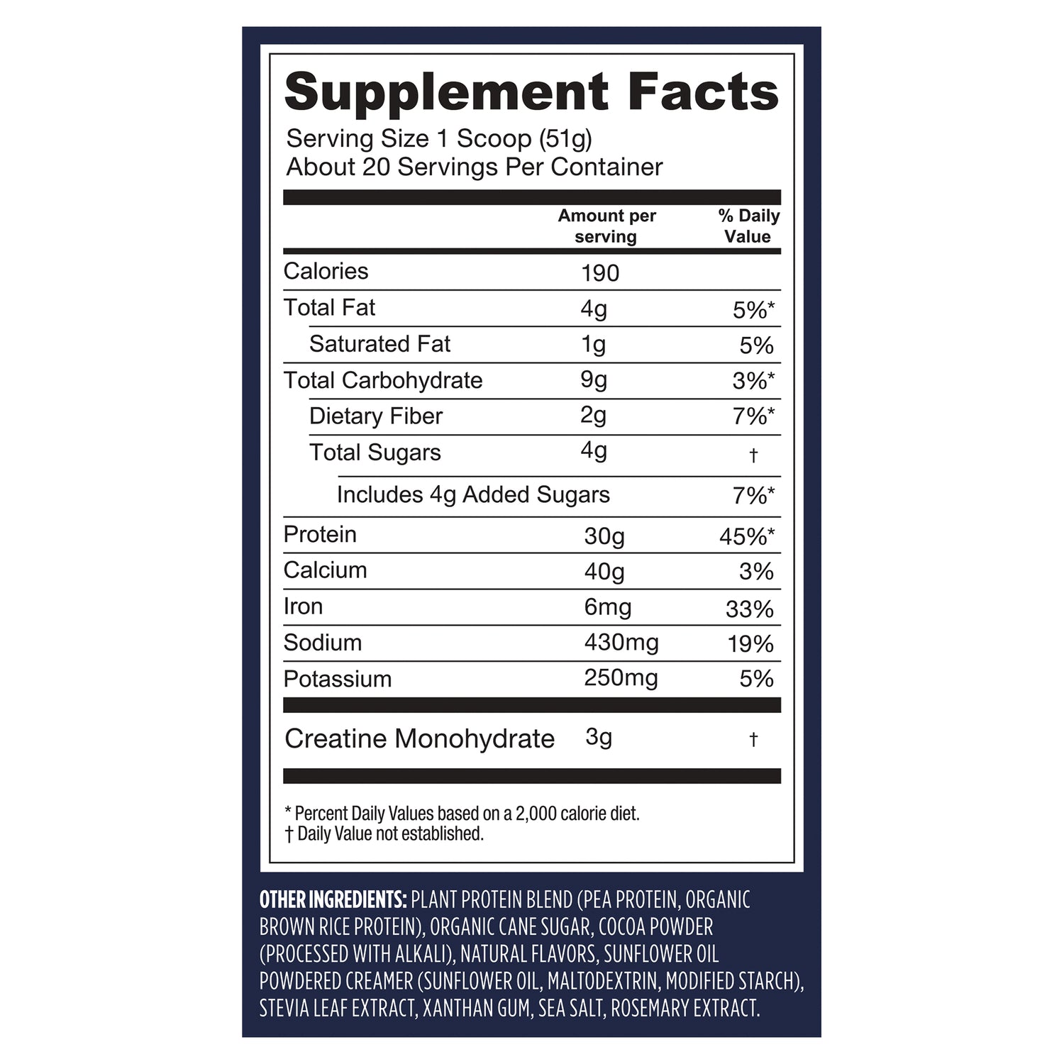 VGA010 | Supplement Facts panel and ingredients list for protein powder, including 30g protein per serving