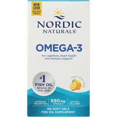 NRN027 | Nordic Naturals Omega-3 fish oil supplement front packaging showing 180 soft gels and lemon