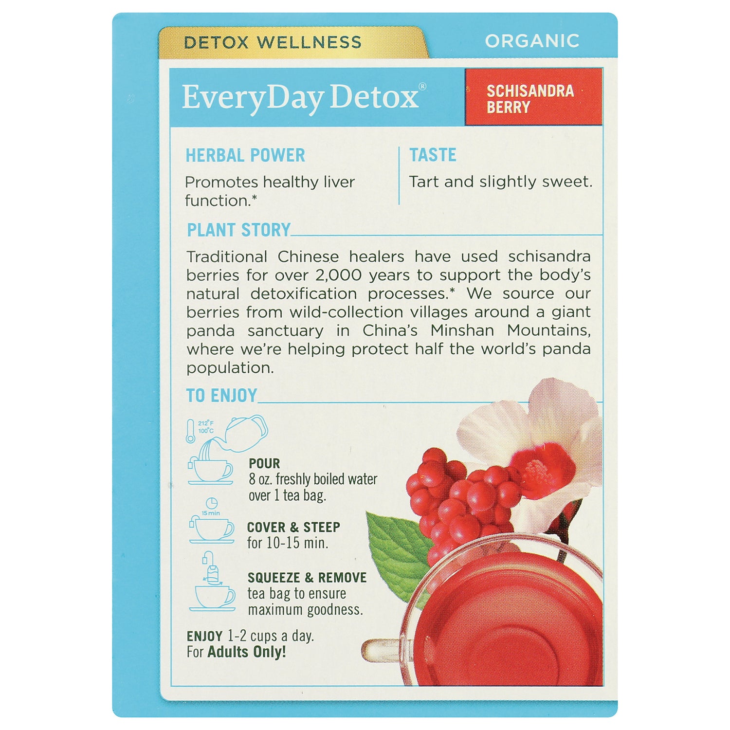 TMD010 | Back of EveryDay Detox Schisandra Berry tea box with herbal power, taste, plant story, and brewing steps