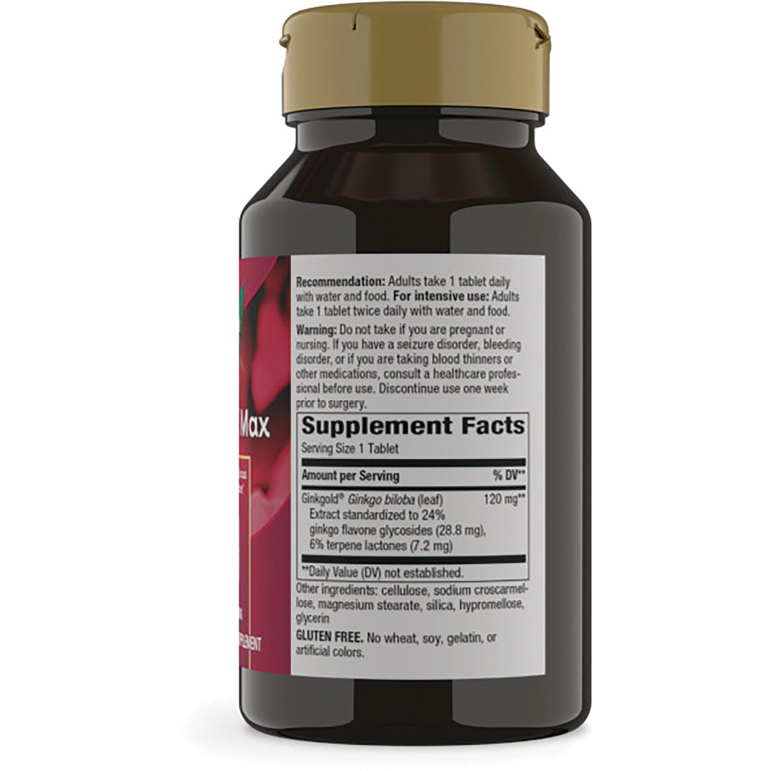 NW733 | Back label of dark supplement bottle showing Supplement Facts panel, dosage warnings, and gluten free statement