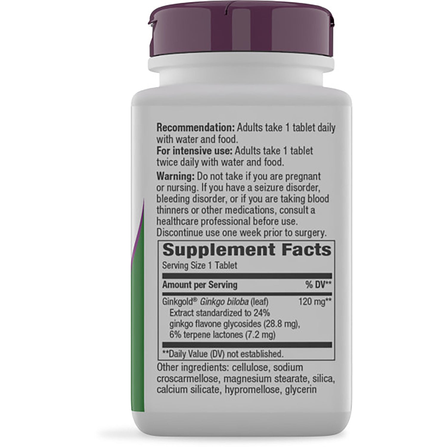NW733 | Back label of dark supplement bottle showing Supplement Facts panel, dosage warnings, and gluten free statement