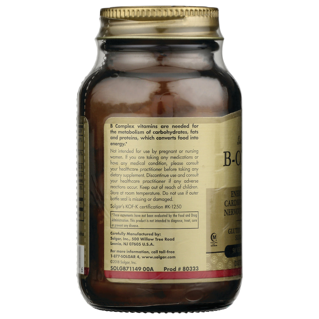 SLG209 | back label of brown supplement bottle showing B complex usage, warnings, and product codes - Thumbnail