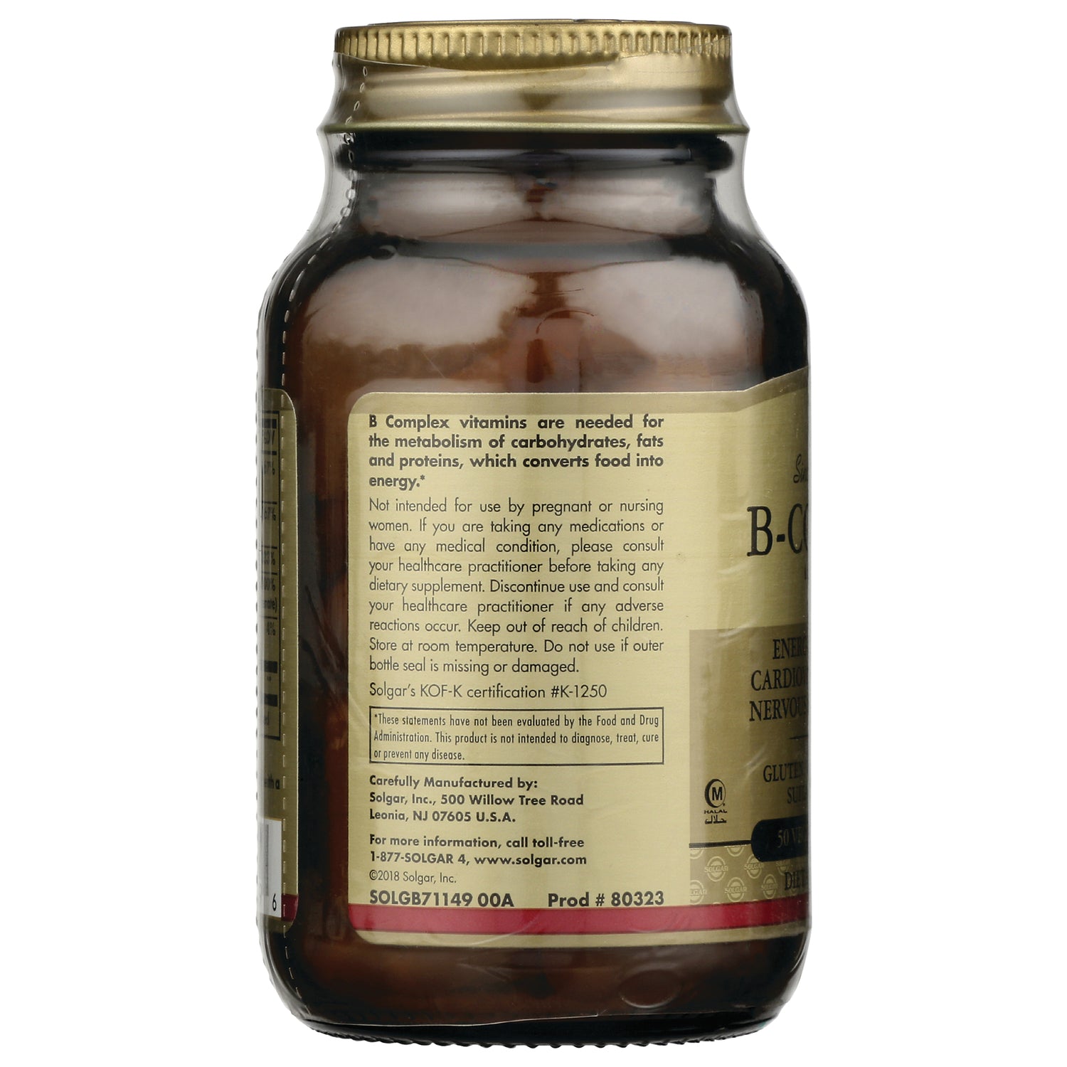 SLG209 | back label of brown supplement bottle showing B complex usage, warnings, and product codes