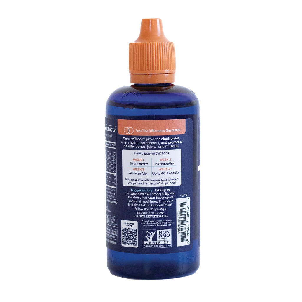 TM034 | ConcenTrace drops bottle back label with supplement facts, usage instructions, QR code, Non-GMO Project Verified - Thumbnail