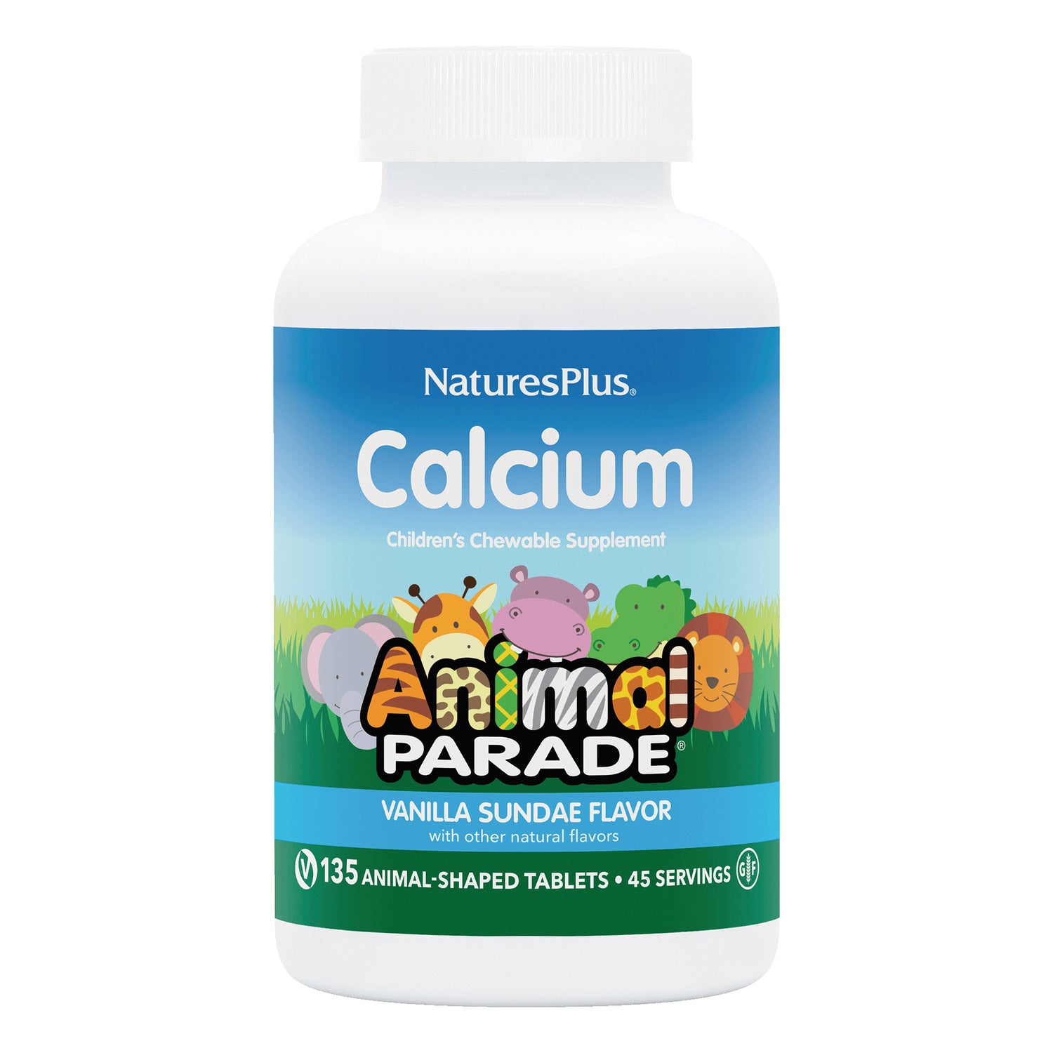 NTP005 | Nature'sPlus Calcium children's chewable supplement Animal Parade vanilla sundae flavor bottle, 135 animal-shaped tablets