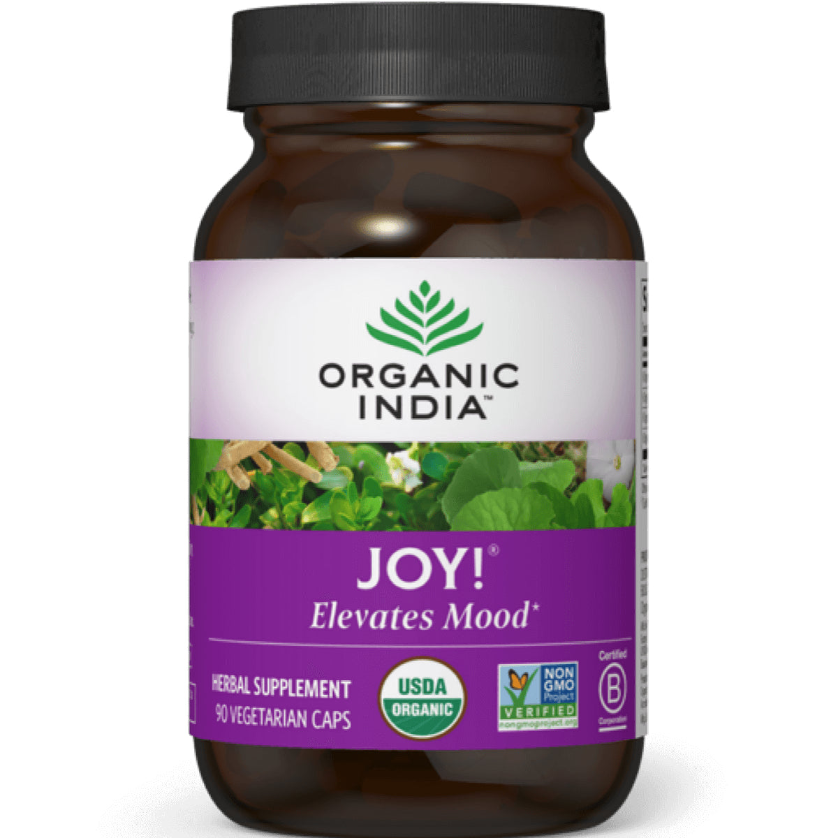 RGN043 | Brown jar labeled ORGANIC INDIA JOY! Elevates Mood herbal supplement with purple label