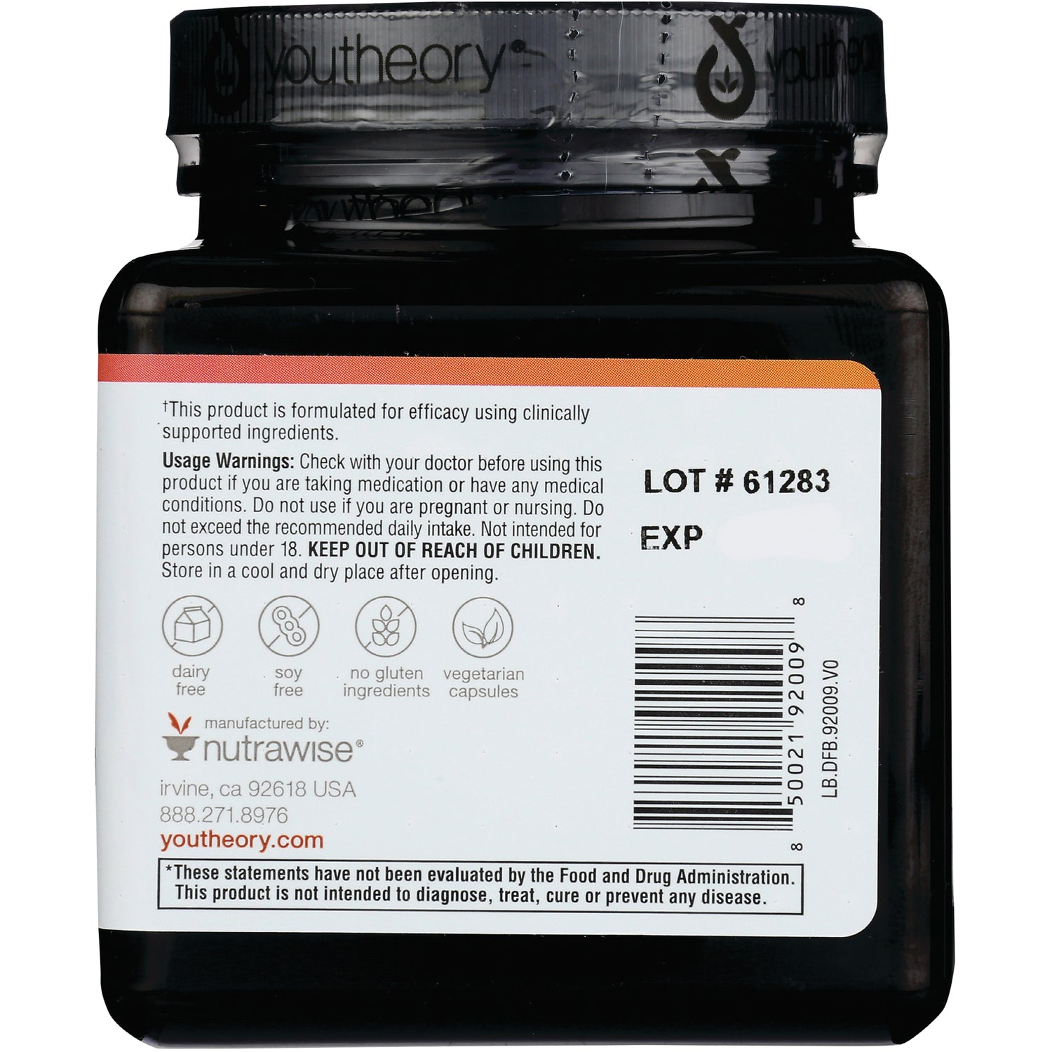 YOU015 | Back label of Youtheory supplement with warnings and icons: dairy free, soy free, no gluten, vegetarian; LOT # 61283