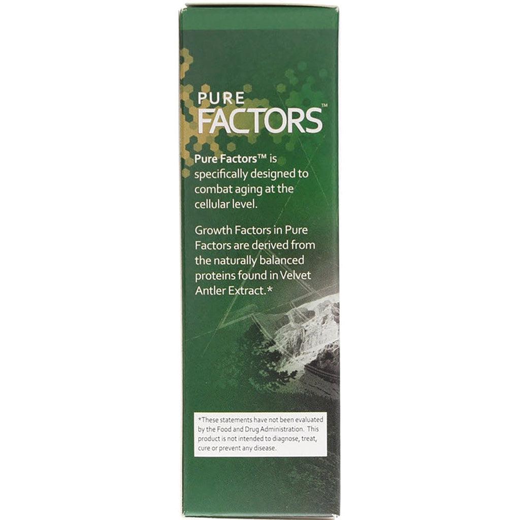 PSL003 | Green product side panel labeled PURE FACTORS with text about growth factors derived from velvet antler extract - Thumbnail