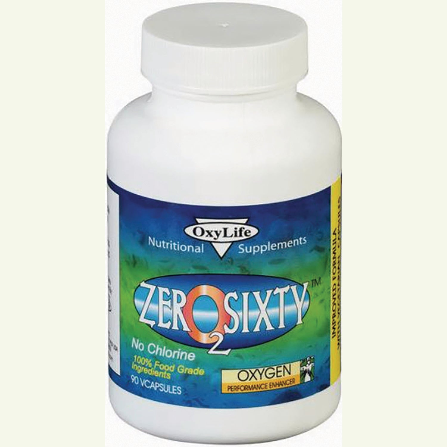 OXY007 | White supplement bottle labeled ZERO2SIXTY OxyLife, says No Chlorine and 90 VCAPSULES