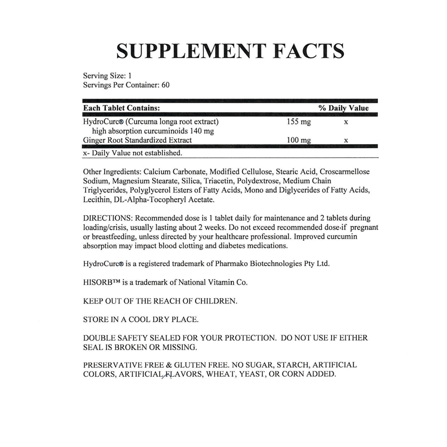 NAB138 | back label showing SUPPLEMENT FACTS panel with serving size, ingredients, directions, and warnings