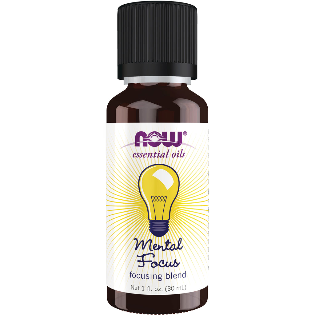 NWF1227 | Brown 1 fl oz bottle labeled NOW essential oils Mental Focus focusing blend with yellow light bulb graphic - Thumbnail
