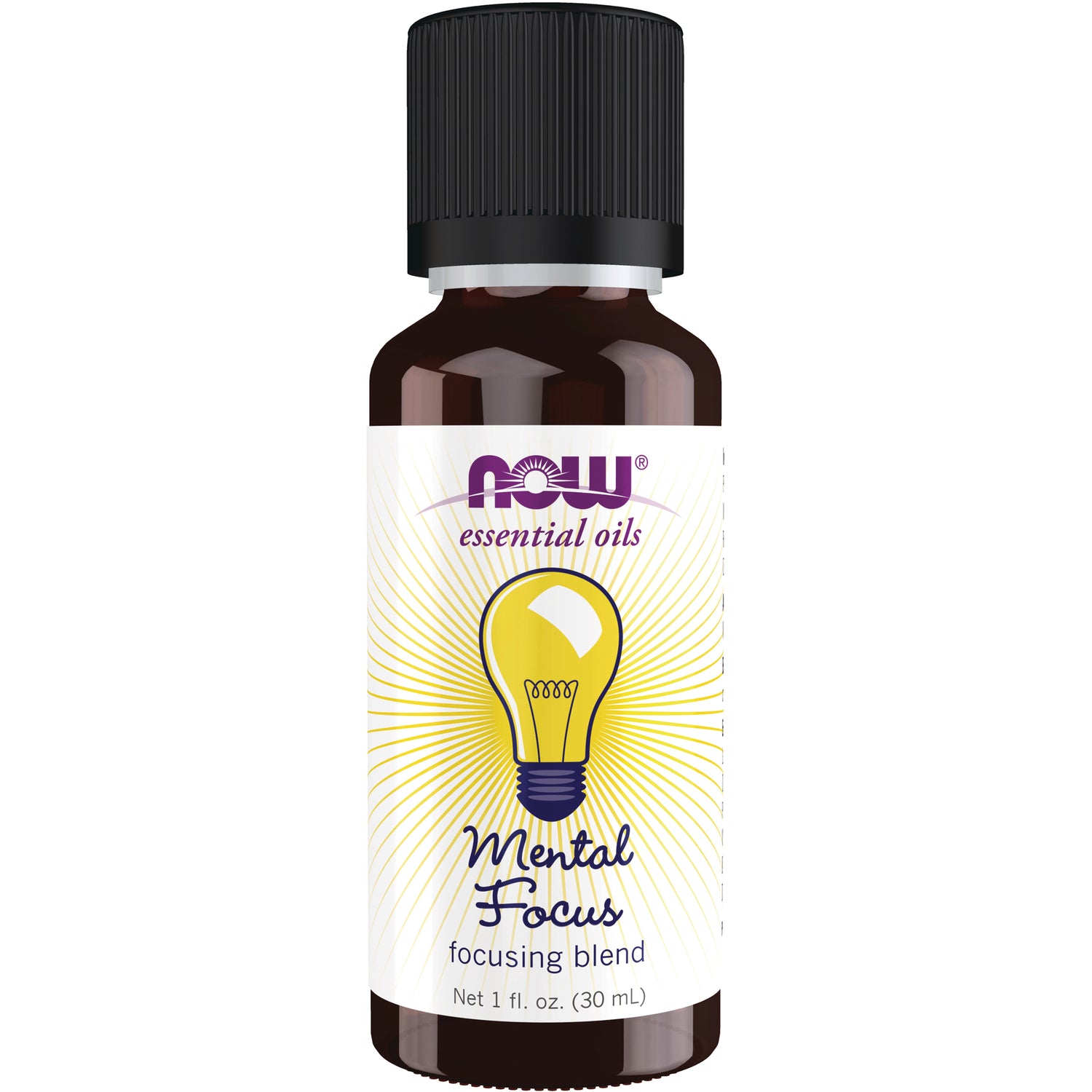 NWF1227 | Brown 1 fl oz bottle labeled NOW essential oils Mental Focus focusing blend with yellow light bulb graphic