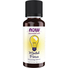 NWF1227 | Brown 1 fl oz bottle labeled NOW essential oils Mental Focus focusing blend with yellow light bulb graphic