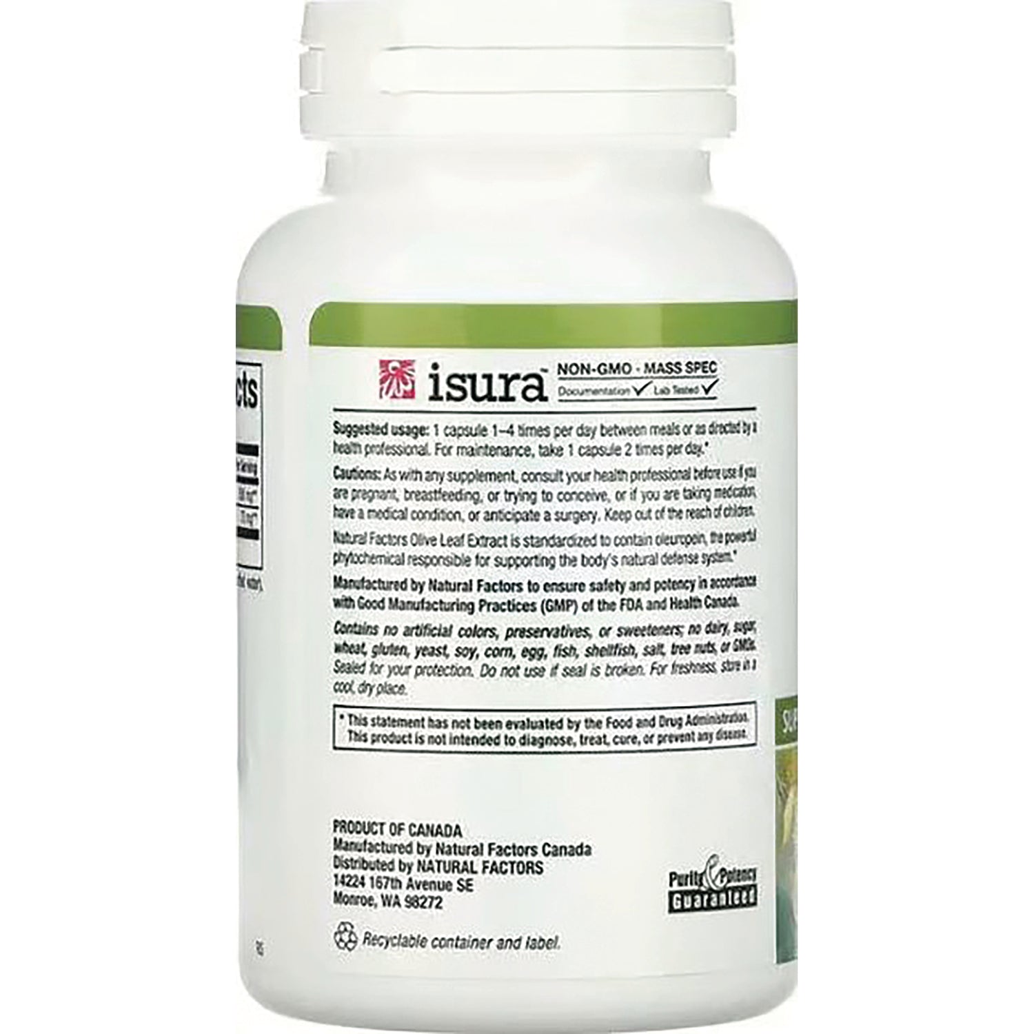 NFC076 | Back label of white supplement bottle showing ingredients, directions, and manufacturer information