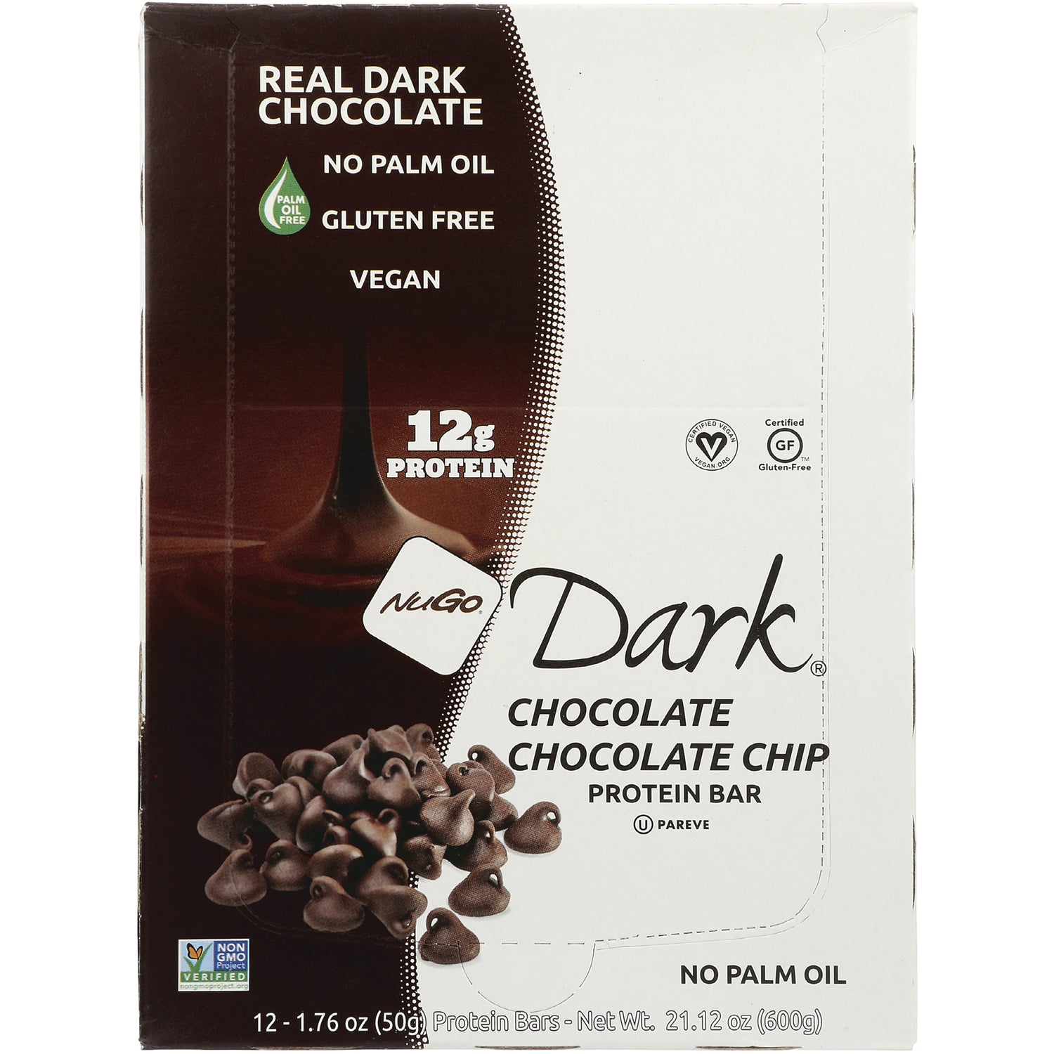 NUG002 | NuGo Dark chocolate chocolate chip protein bar box front showing 12g protein, vegan and gluten free