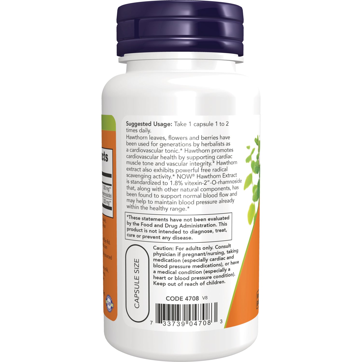 NWF551 | Back label of white supplement bottle showing suggested usage, caution, barcode and capsule size