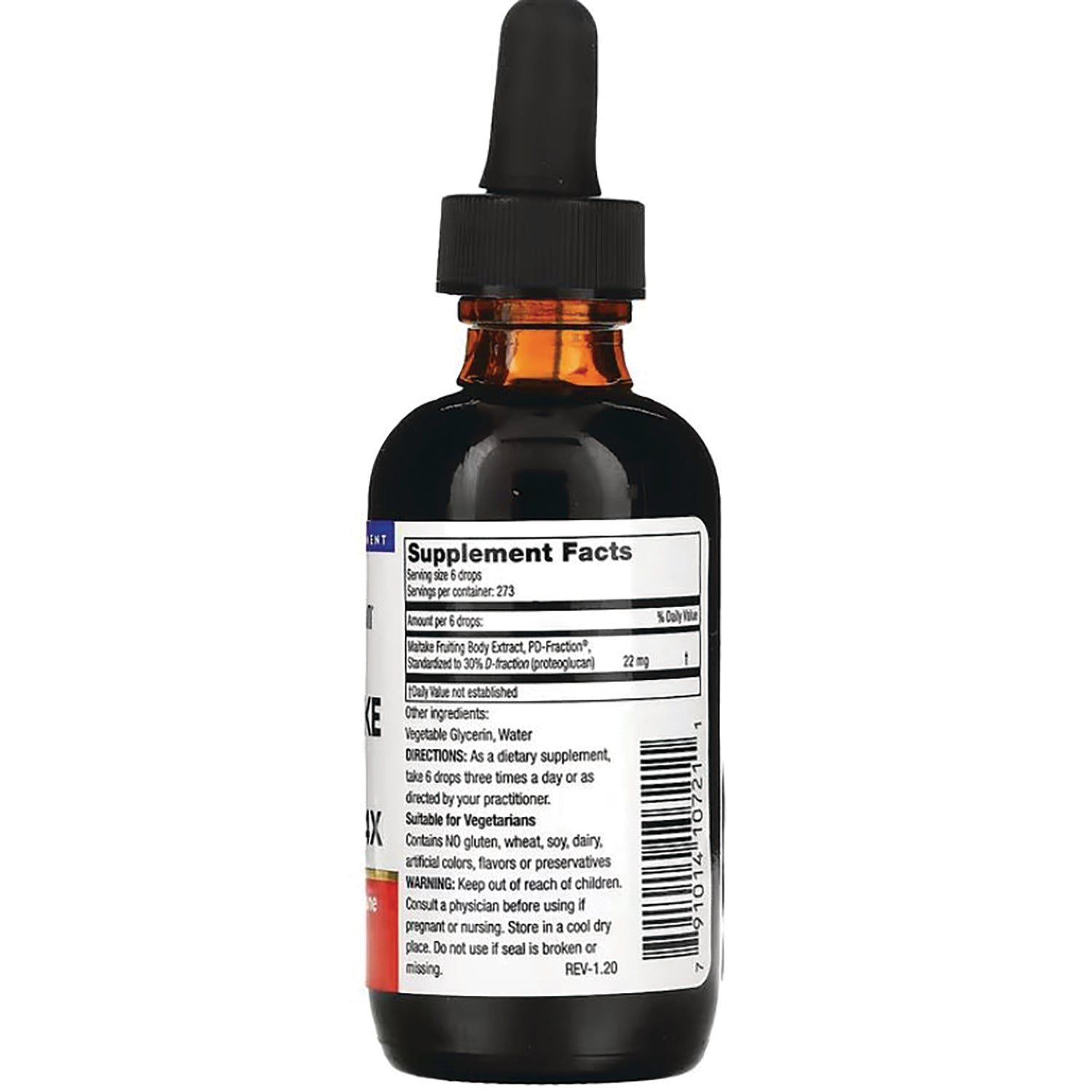 MSH010 | back label showing Supplement Facts, directions, ingredients, and barcode on amber dropper bottle