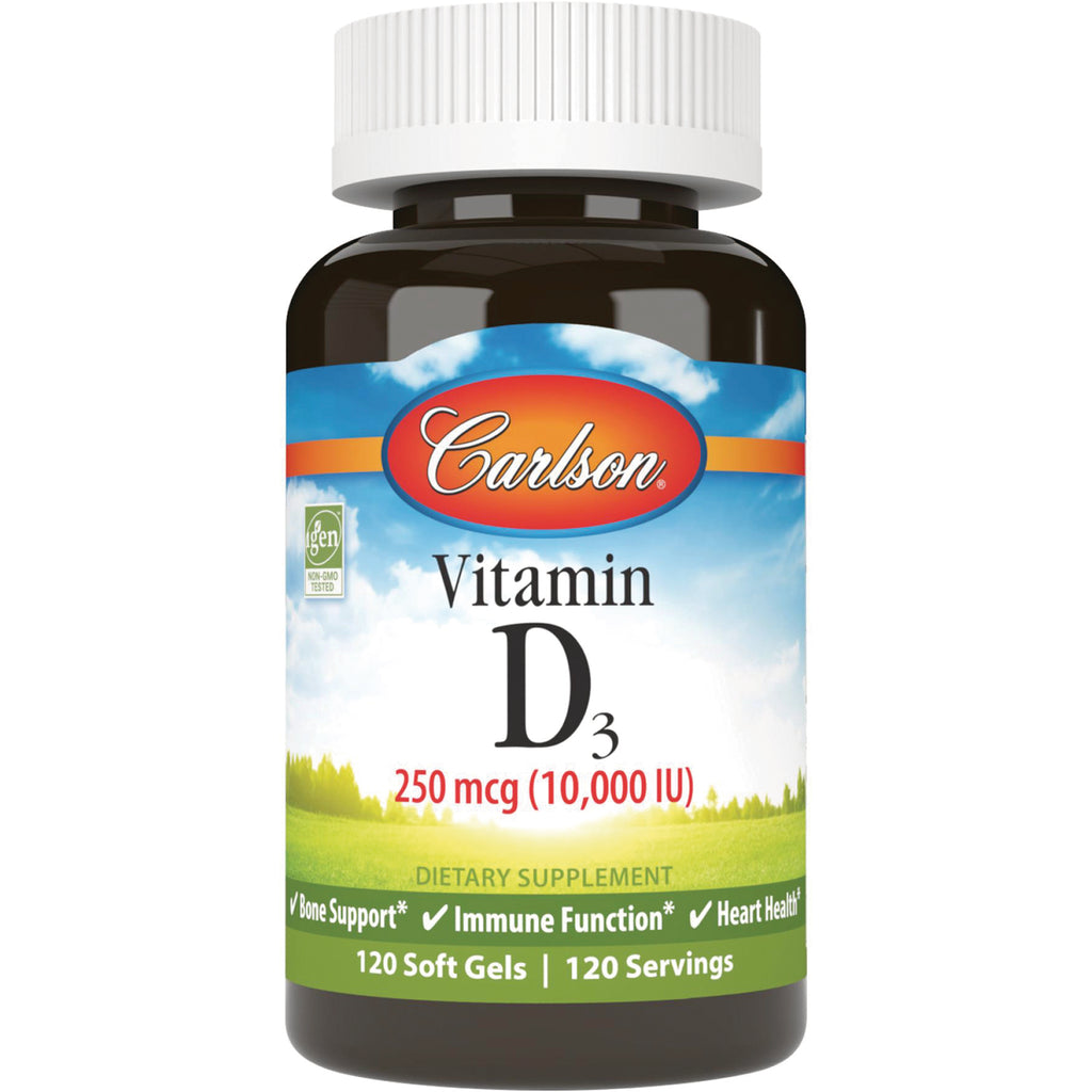 CSN191 | Carlson Vitamin D3 250 mcg (10,000 IU) brown bottle front label showing 120 soft gels - Thumbnail
