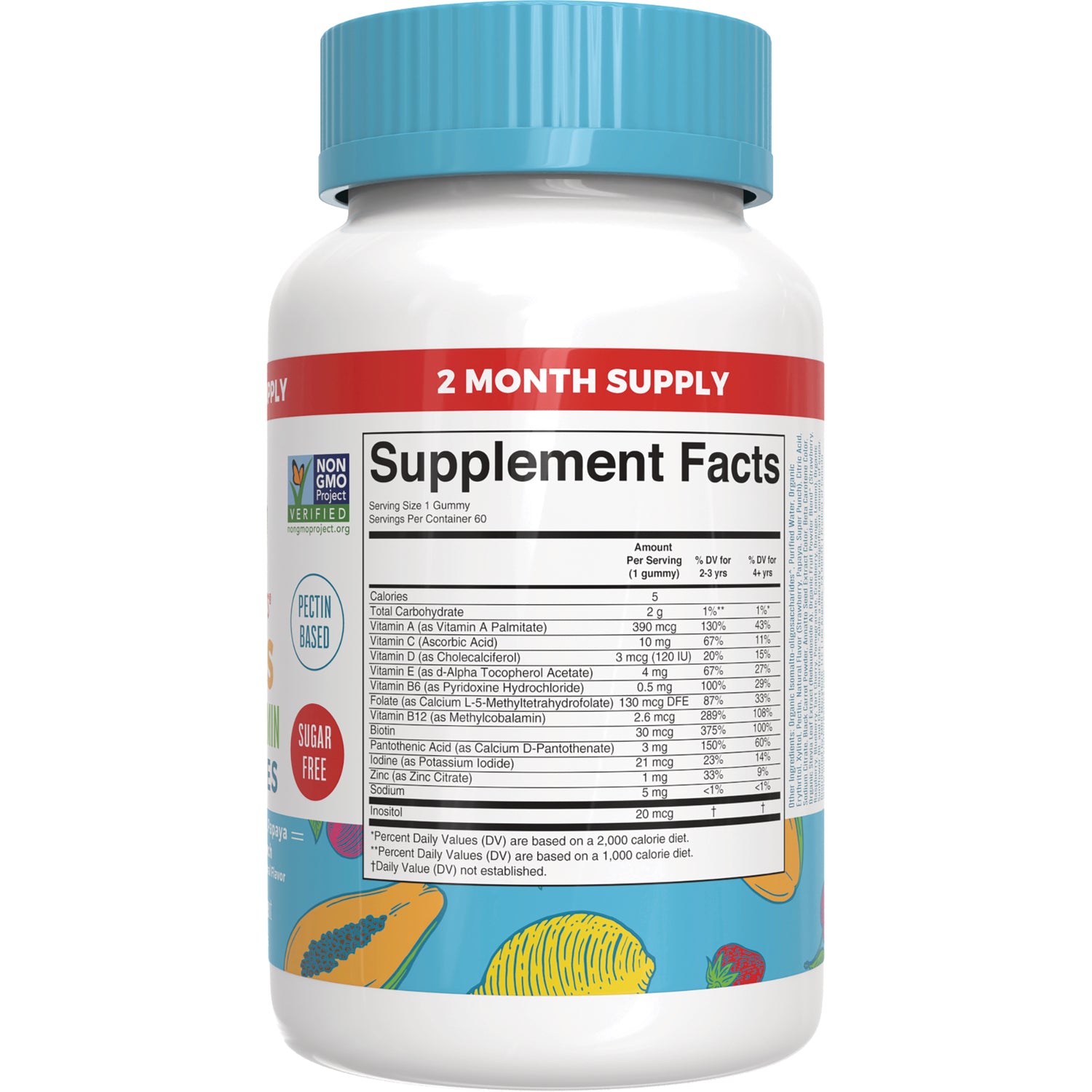 MRR019 | back of white supplement bottle showing Supplement Facts label, 2 MONTH SUPPLY banner and blue cap