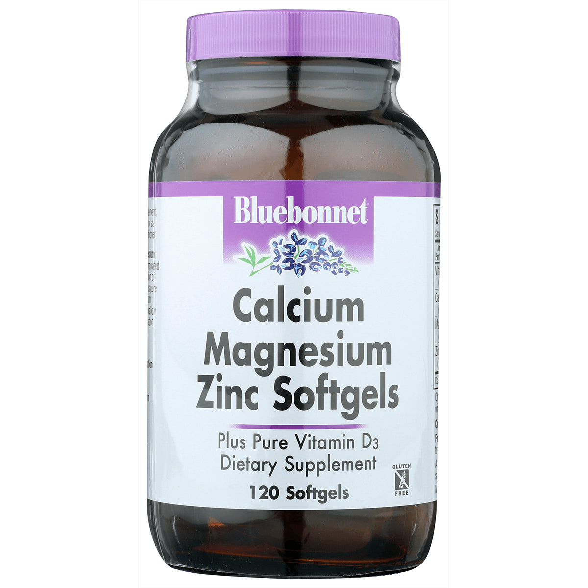 BLU062 | Bluebonnet bottle labeled Calcium Magnesium Zinc Softgels 120 softgels dietary supplement with purple cap
