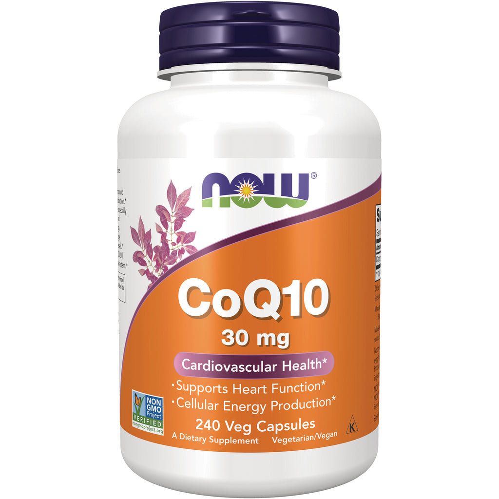 NWF1042 | NOW CoQ10 30 mg white bottle with orange label reading CoQ10 and 240 Veg Capsules - Thumbnail