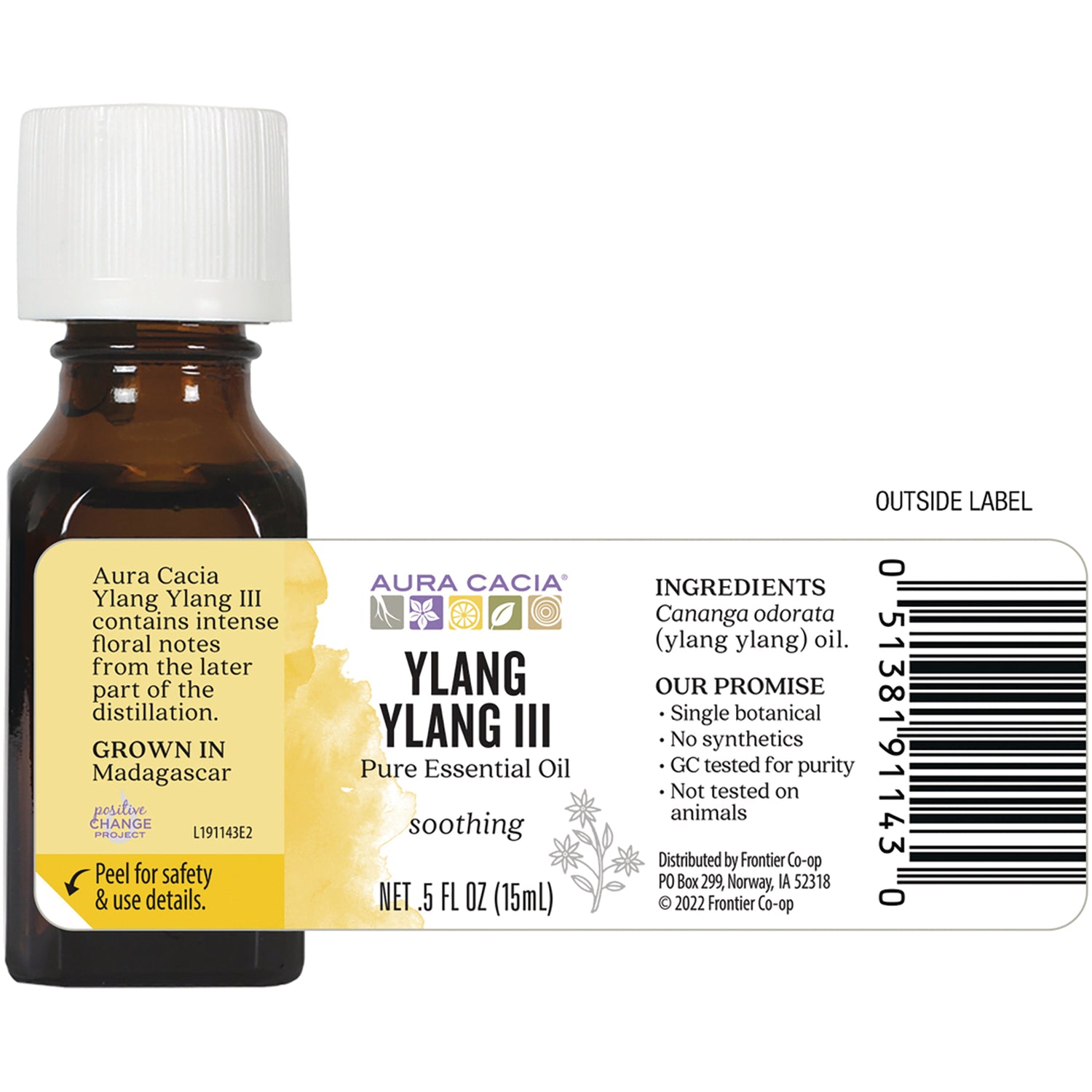 ARC008 | Back label of brown bottle reading Ylang Ylang III pure essential oil with ingredients, barcode, and safety peel note