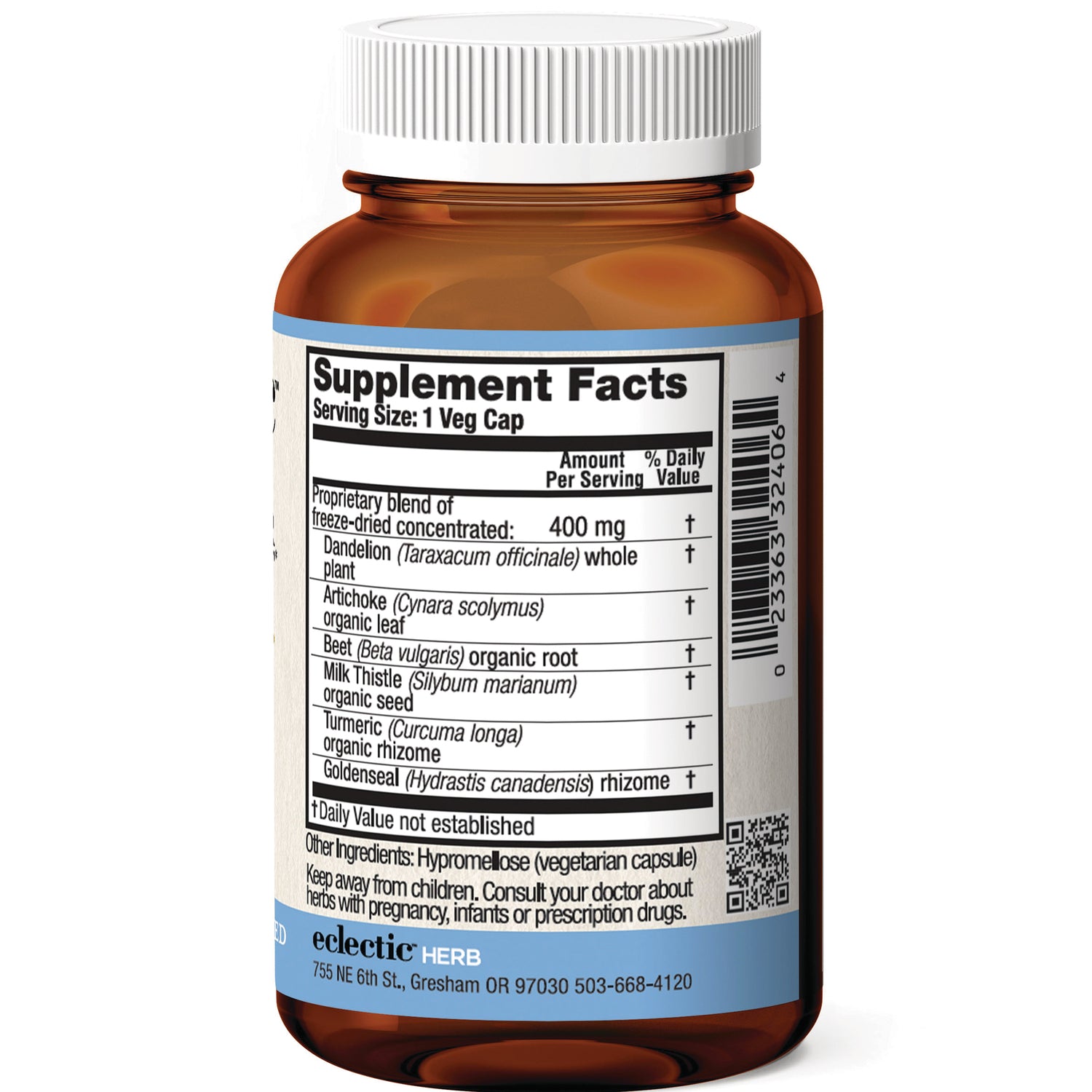 EC002 | back of amber supplement bottle showing Supplement Facts label, serving size 1 Veg Cap, ingredients list including dandelion, artichoke, beet, milk thistle, turmeric