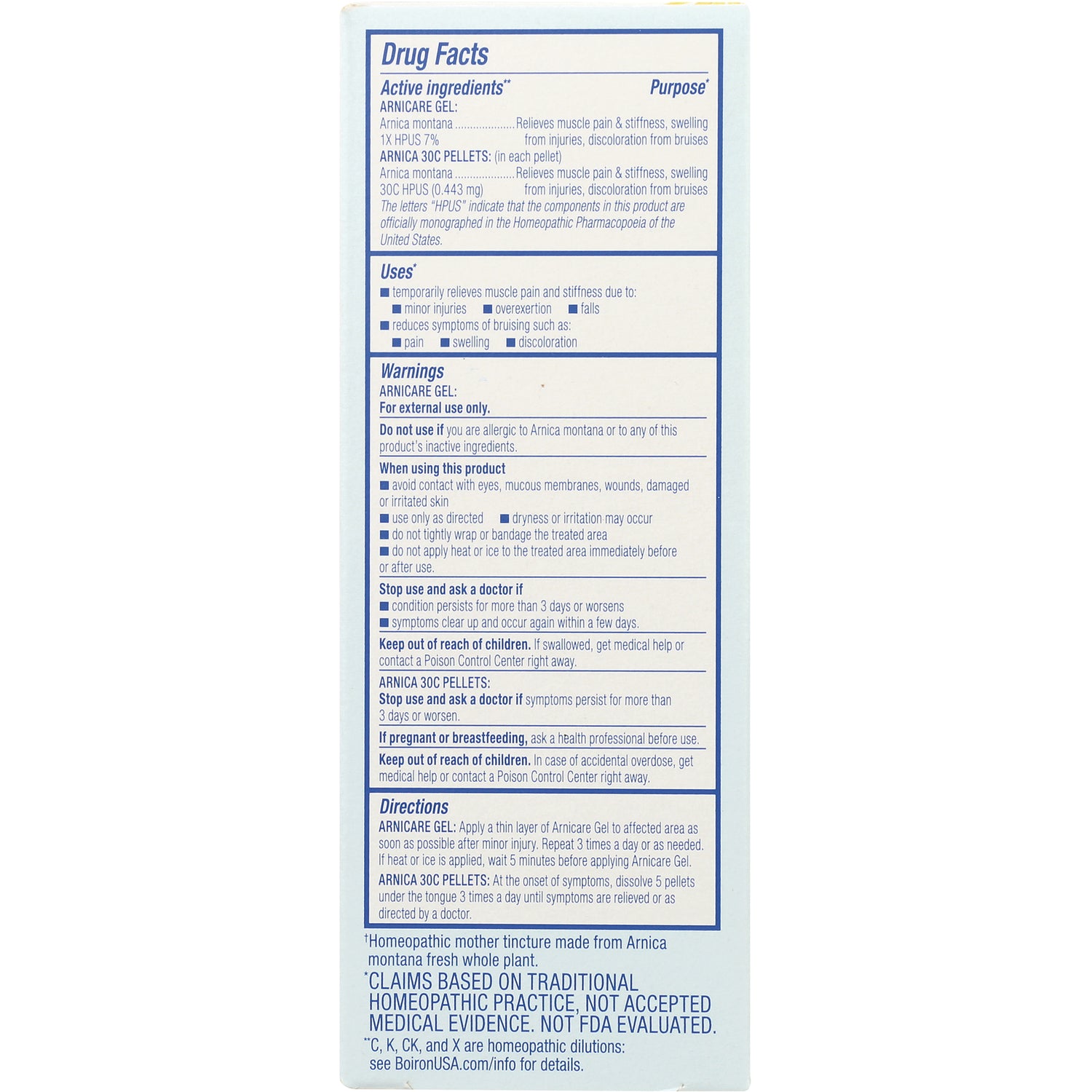 BRN006 | back panel showing Drug Facts, active ingredients, warnings, and directions for arnica product
