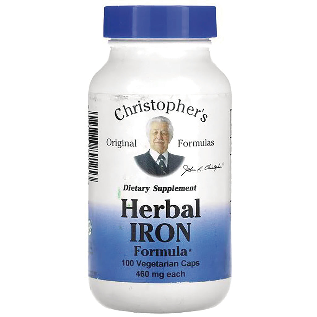 DCR033 | Christopher's Herbal IRON dietary supplement bottle, white with blue label reading 100 Vegetarian Caps 460 mg - Thumbnail