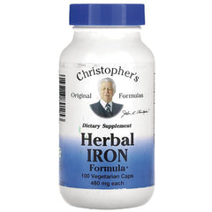 DCR033 | Christopher's Herbal IRON dietary supplement bottle, white with blue label reading 100 Vegetarian Caps 460 mg