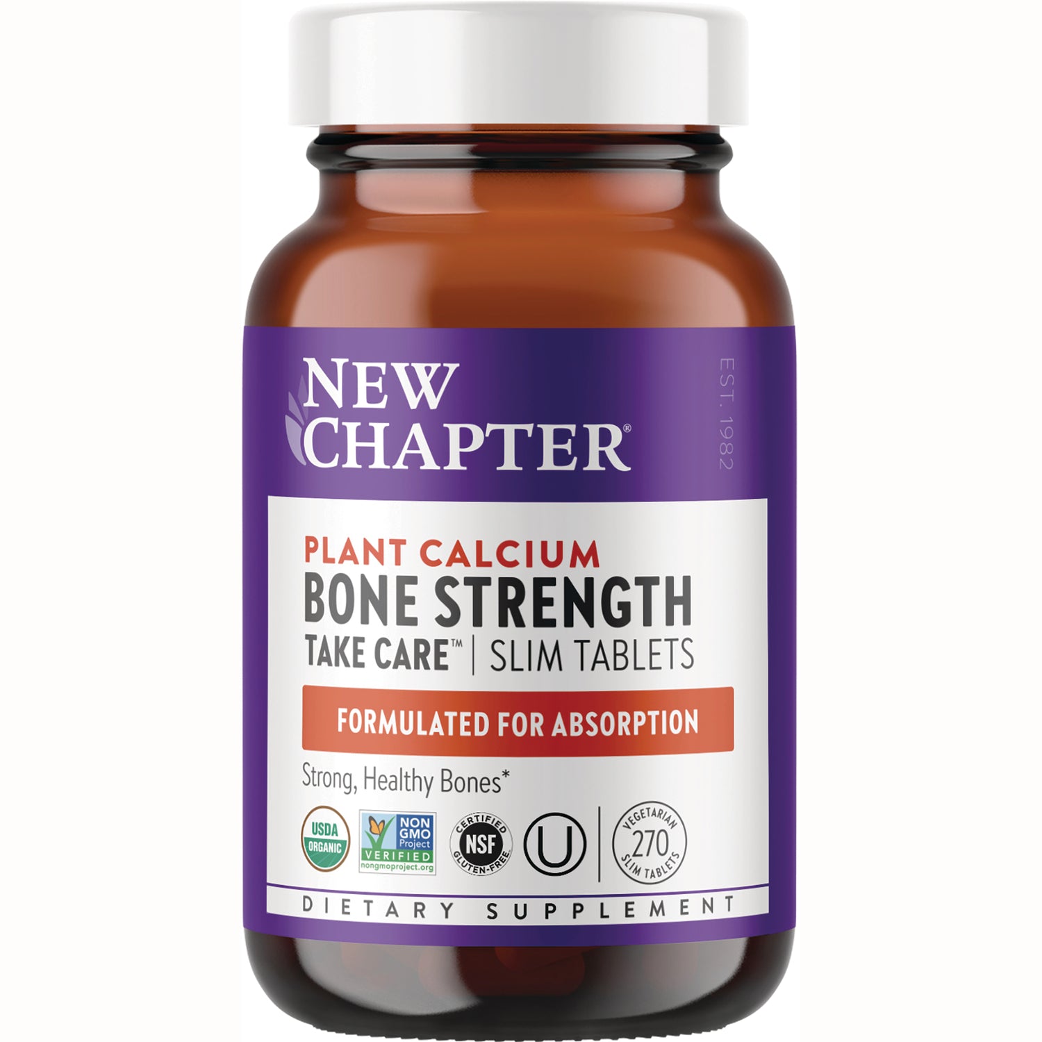 NWC309 | New Chapter Plant Calcium Bone Strength slim tablets bottle, formulated for absorption, purple label, 270 vegetarian tablets
