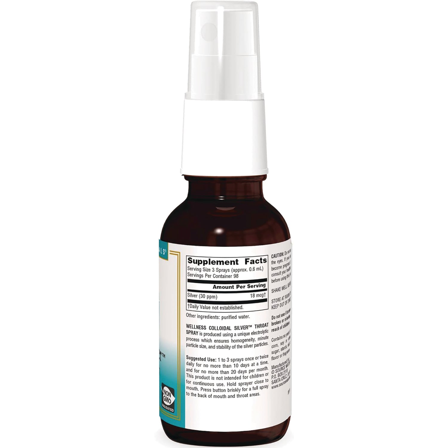 SN755 | Back label showing Supplement Facts and directions on colloidal silver throat spray bottle