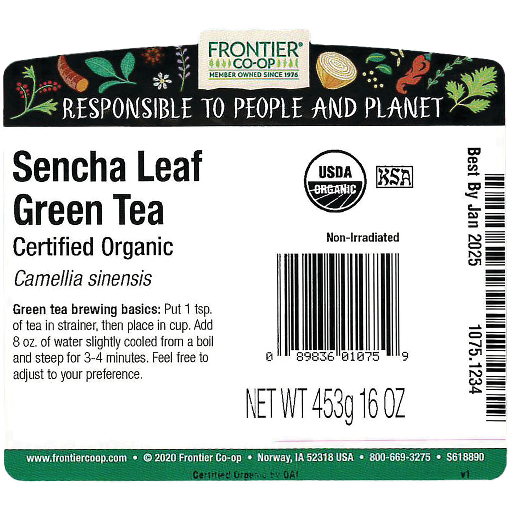 FNP086 | Back label for Sencha Leaf Green Tea showing brewing basics, USDA organic badge, barcode and NET WT 453g 16 OZ - Thumbnail