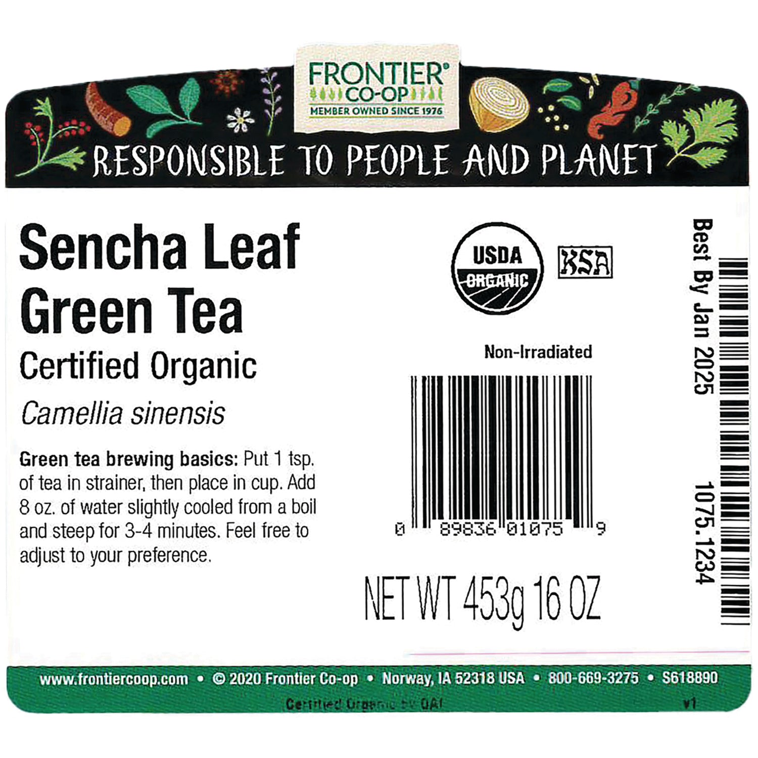 FNP086 | Back label for Sencha Leaf Green Tea showing brewing basics, USDA organic badge, barcode and NET WT 453g 16 OZ