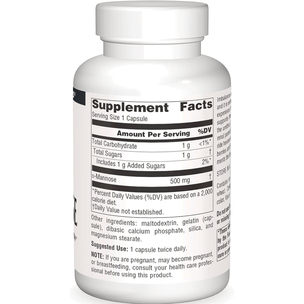 SN765 | Back label showing Supplement Facts, serving size 1 capsule, D-Mannose 500 mg, and other ingredients - Thumbnail