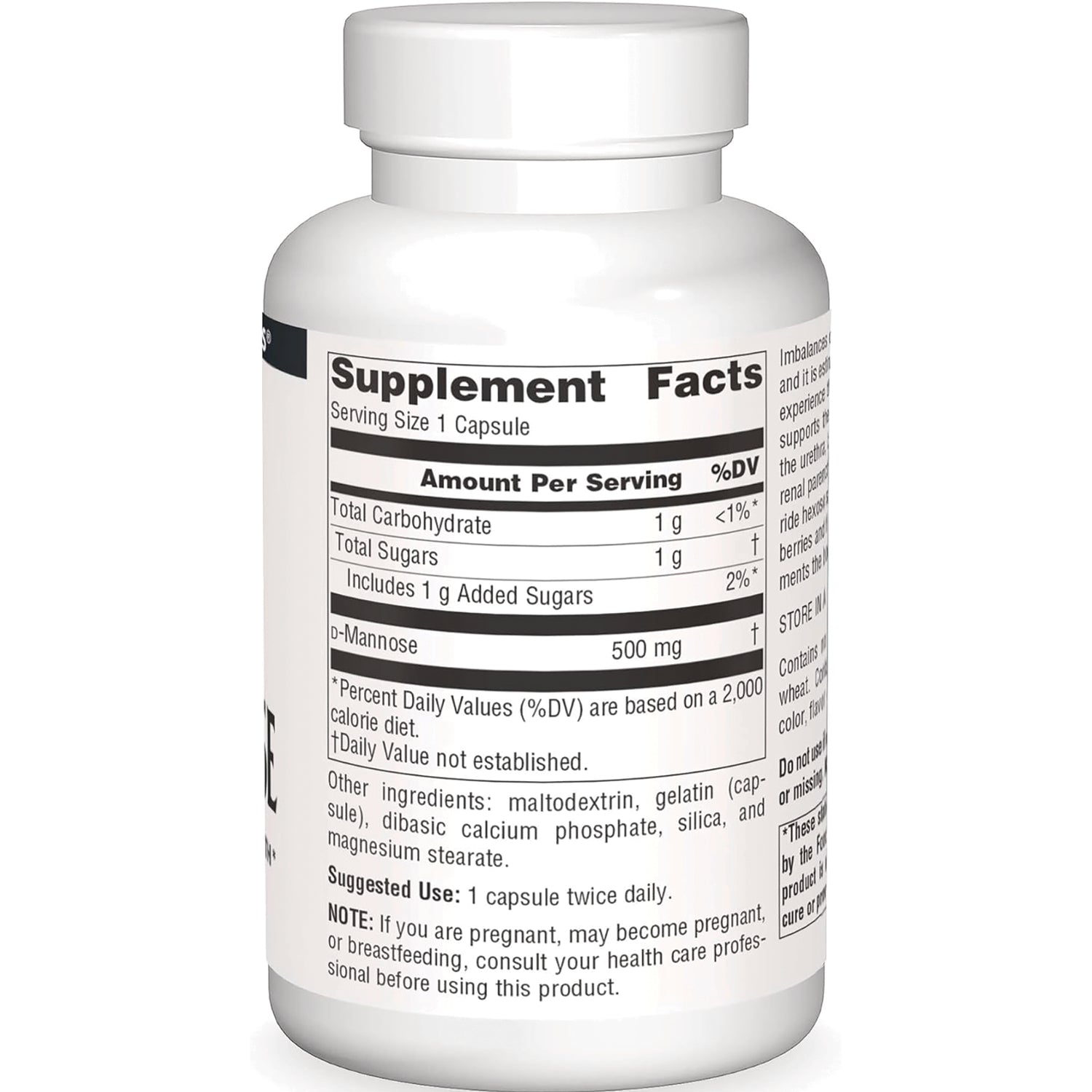 SN765 | Back label showing Supplement Facts, serving size 1 capsule, D-Mannose 500 mg, and other ingredients