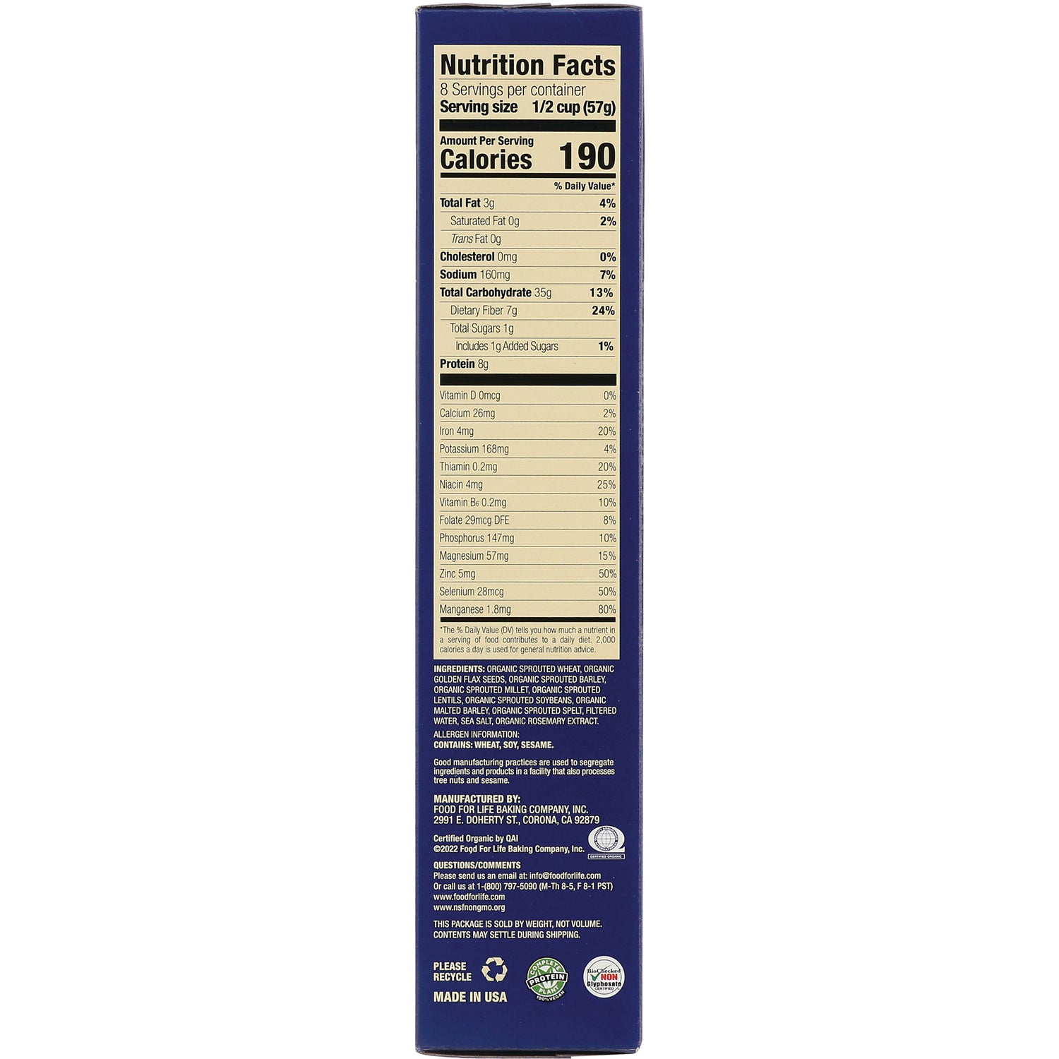 FFL003 | back panel showing Nutrition Facts and ingredient text on blue cereal box