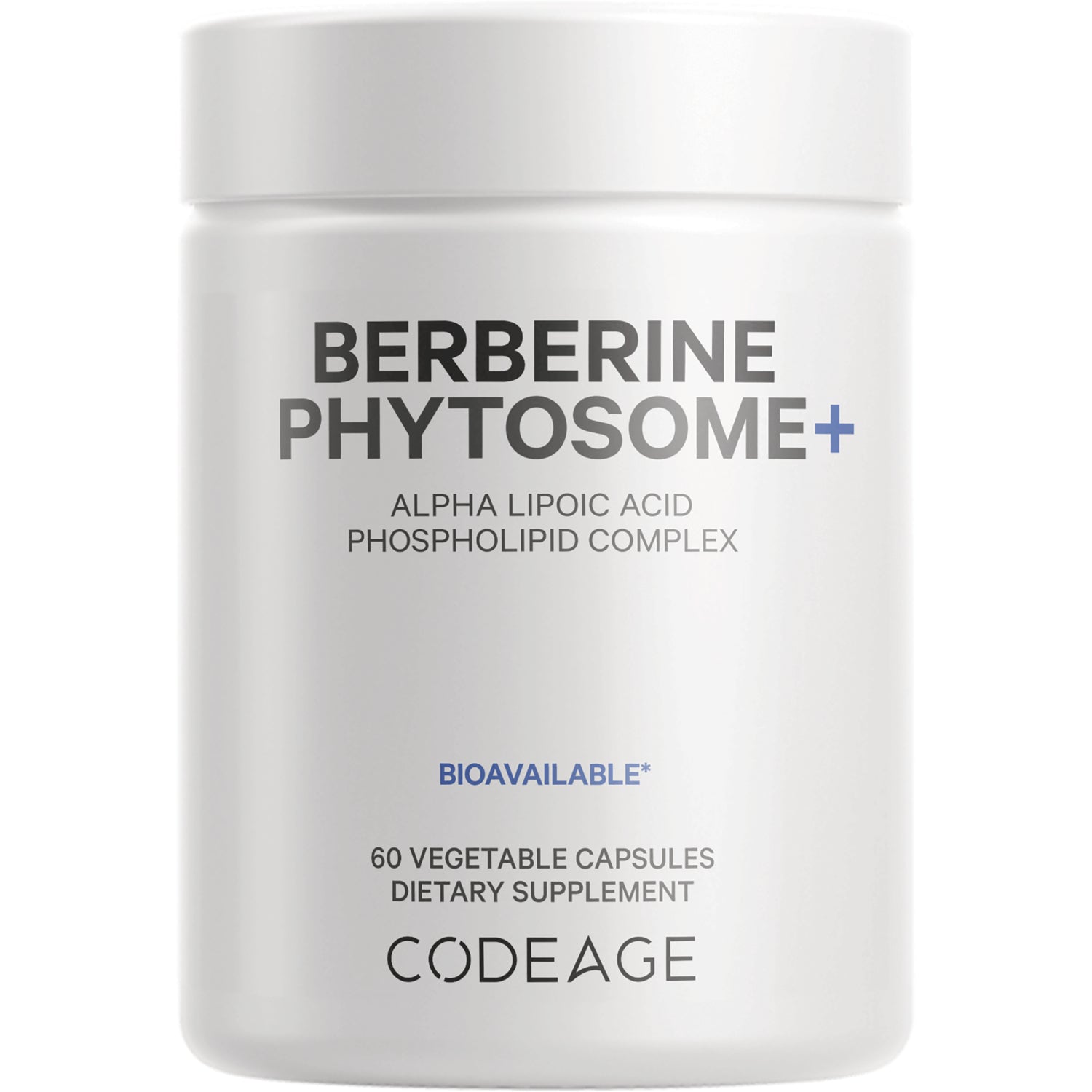 CDG013 | White supplement jar labeled BERBERINE PHYTOSOME+ with BIOAVAILABLE and 60 vegetable capsules, CODEAGE