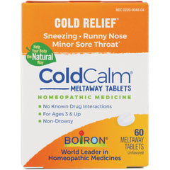 BRN007 | ColdCalm meltaway tablets front box showing Cold Relief branding, homeopathic medicine, and 60 meltaway tablets