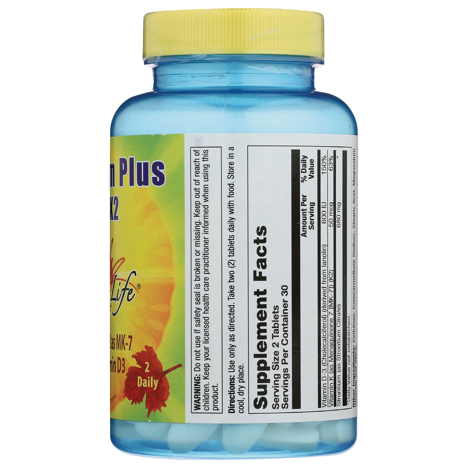 NSL032 | Back label showing Supplement Facts panel and directions on blue bottle with yellow cap