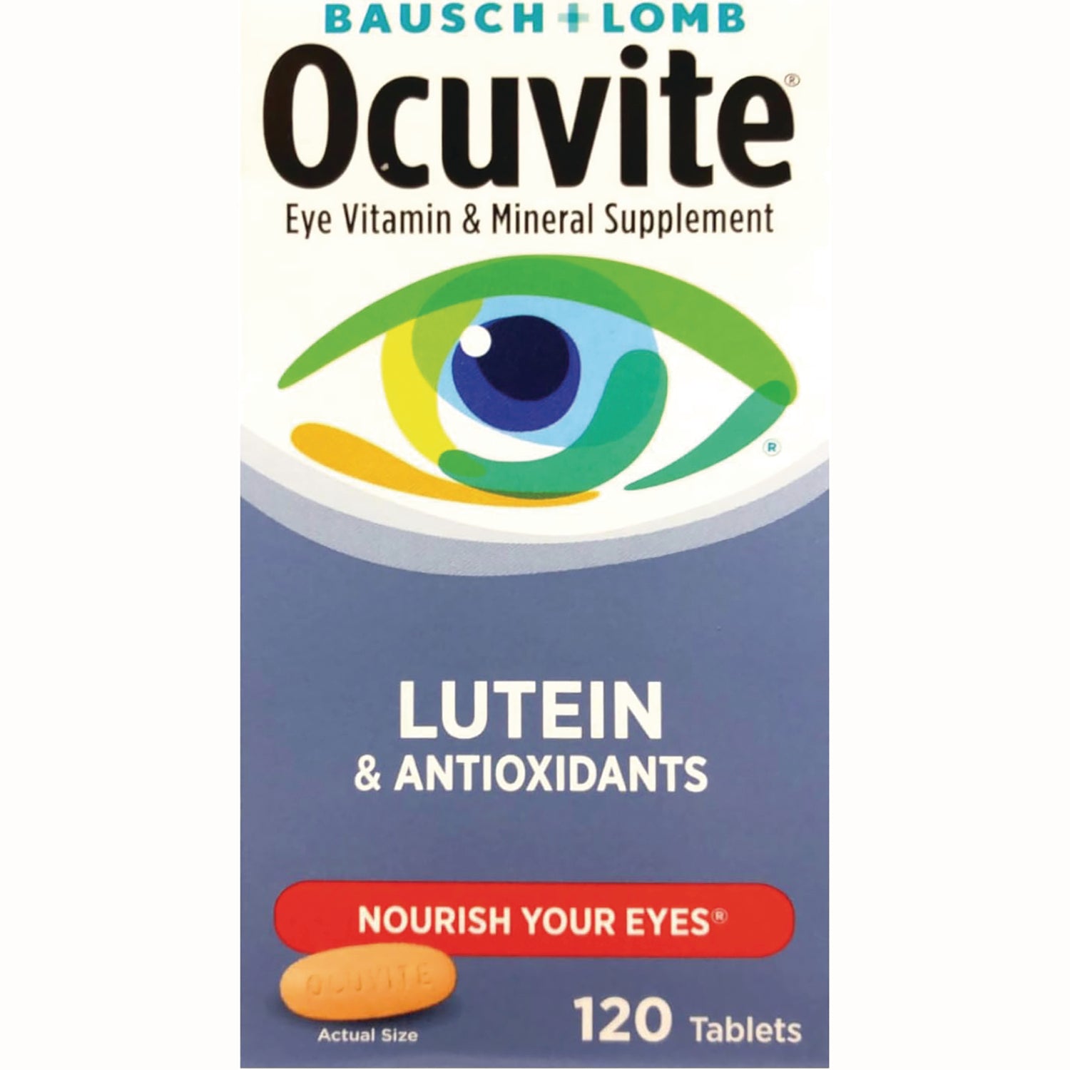 BNL014 | Ocuvite Lutein & Antioxidants supplement box front showing logo, 'NOURISH YOUR EYES' banner and 120 Tablets