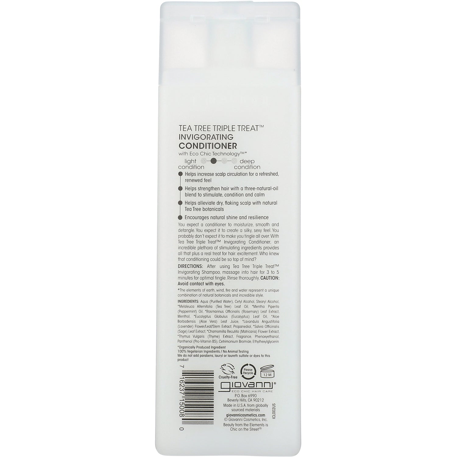 GV037 | back label of Tea Tree Triple Treat Invigorating Conditioner showing ingredients, directions, and barcode