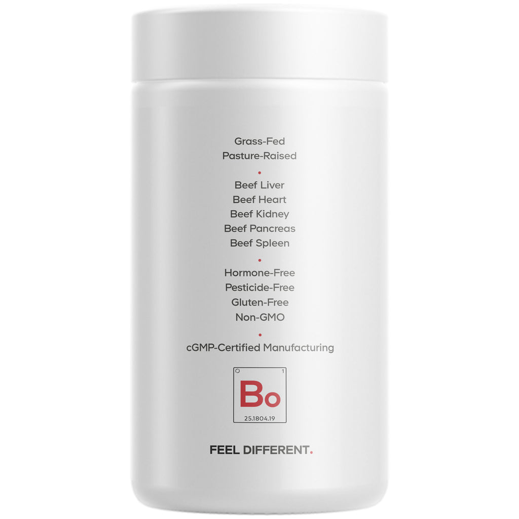 CDG024 | back label of white supplement bottle listing grass-fed pasture-raised beef liver heart kidney pancreas spleen and certifications - Thumbnail